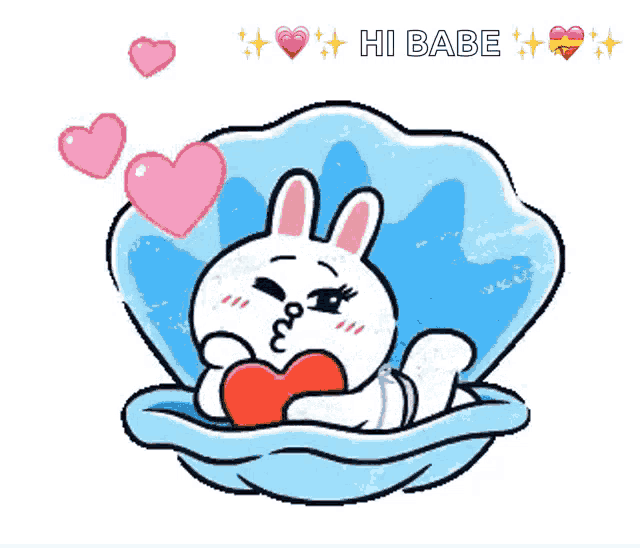 a cartoon bunny is laying in a shell holding a heart and the words hi babe are above it