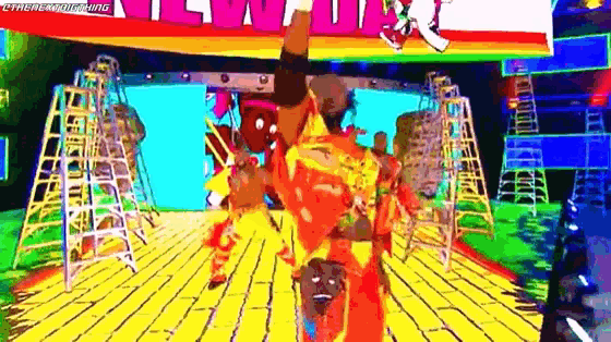 a cartoon of a wrestler standing on a stage with a ladder in the background .