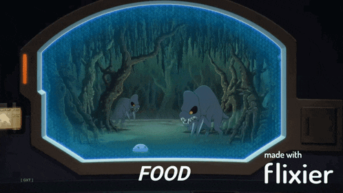 a cartoon drawing of a cave with the words food made with flixier on the bottom