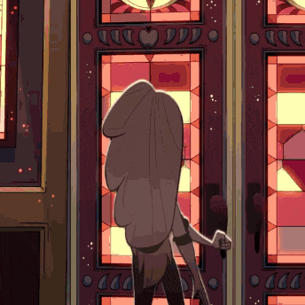 a cartoon character is standing in front of a door with stained glass windows