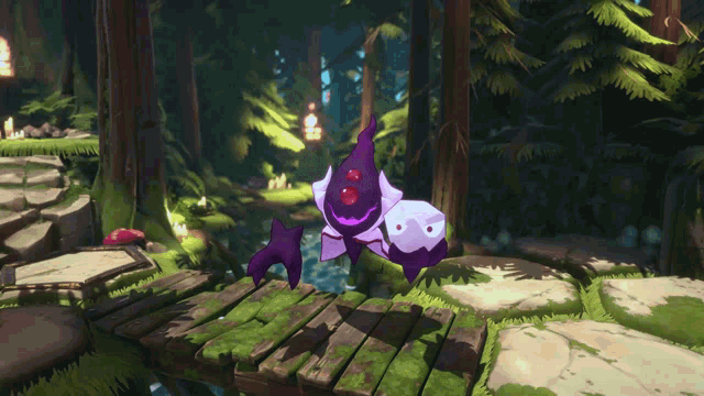 a purple and white cartoon character is standing on a wooden bridge in a forest