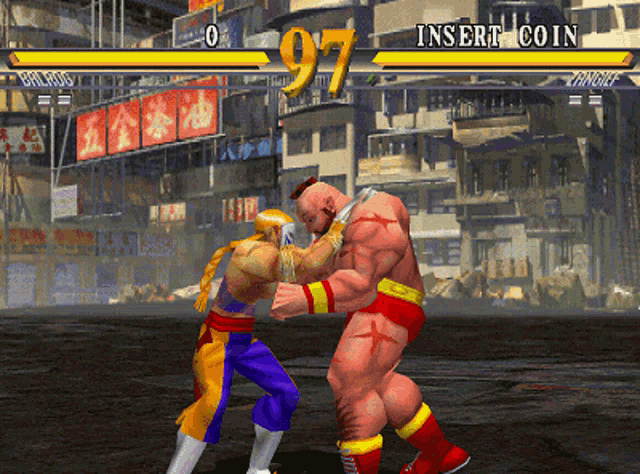 two fighters are fighting in a video game with the number 97 on the screen