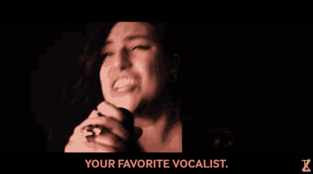 a woman singing into a microphone with the words " your favorite vocalist " above her