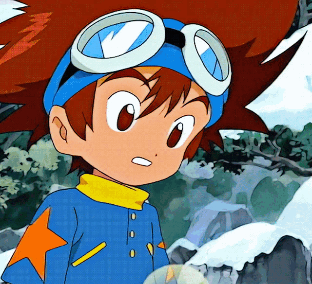 a cartoon character with a blue hat and goggles
