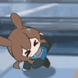 a cartoon rabbit is walking down a sidewalk and holding a blue bag .