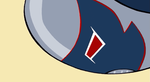 a cartoon drawing of a shark with a red and white triangle on its face