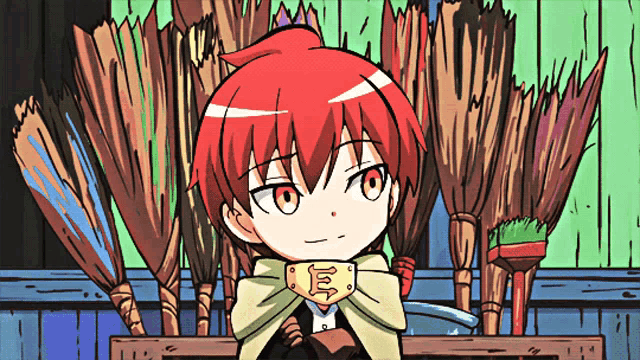a cartoon character with red hair is sitting in front of a bunch of brushes