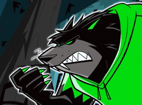 a cartoon drawing of a werewolf with a green hoodie