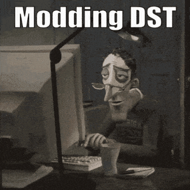 a cartoon character sitting in front of a computer with the words modding dst on the bottom