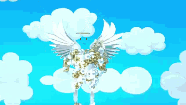 a cartoon character with wings is surrounded by white clouds in a blue sky