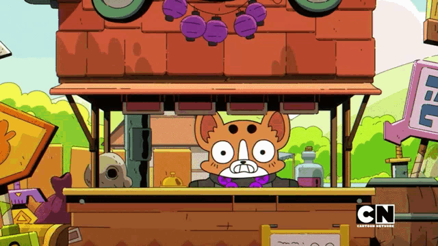 a cartoon character is behind a counter that says cn on the bottom