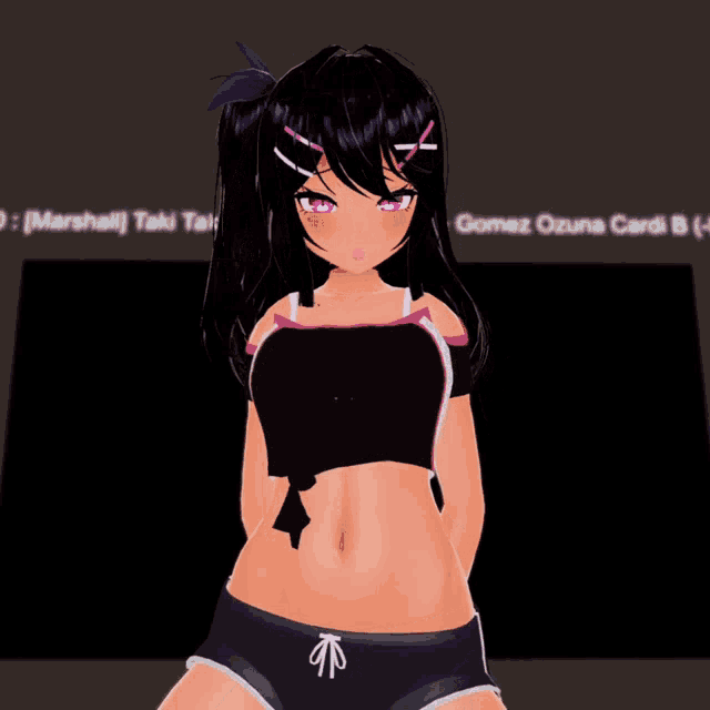 a 3d anime girl is standing in front of a screen that says gomez ozuna cardi b on it