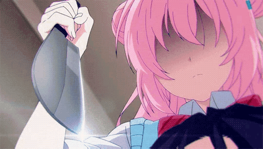 a pink haired anime girl is holding a large knife