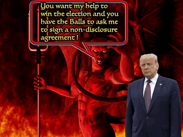 donald trump stands in front of a devil with a speech bubble that says you want my help