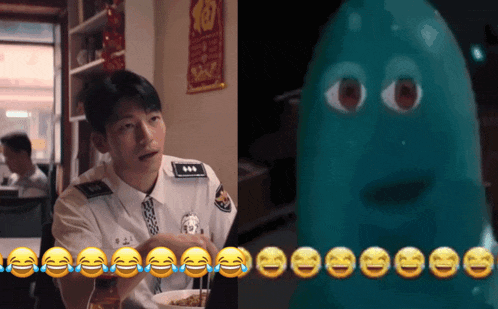 a man in a police uniform sits at a table next to a cartoon character with smiley faces on it