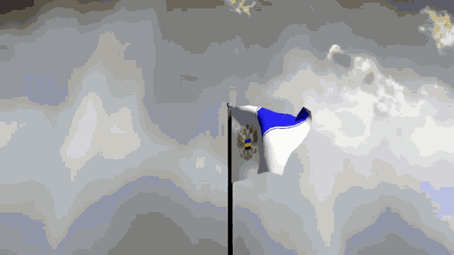 a blue and white flag with a gold eagle on it is waving in the wind
