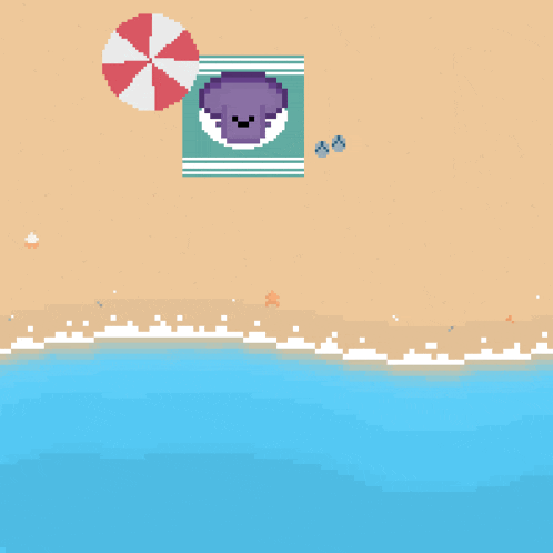 a pixel art drawing of a beach scene with a purple whale on a towel