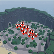 a map of a park with a lot of trees and red pins
