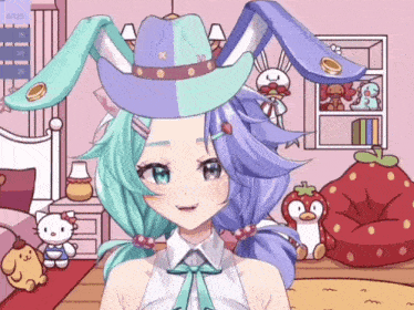 a girl wearing a cowboy hat with bunny ears is in a bedroom