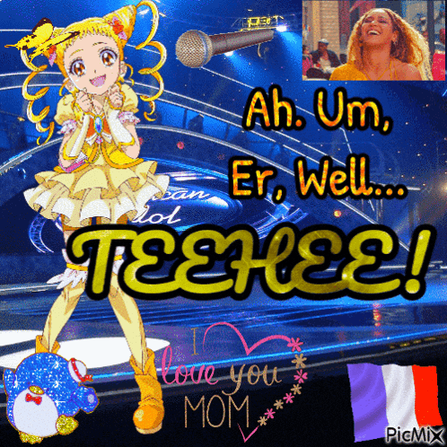 a picture of a girl with the words " ah um er well teehee " written on it