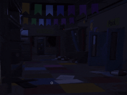 a dark hallway with a sign that says pool on the wall