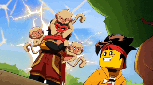 a cartoon of a man carrying two monkeys on his shoulders
