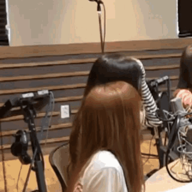 a group of women are sitting in front of a microphone in a room .