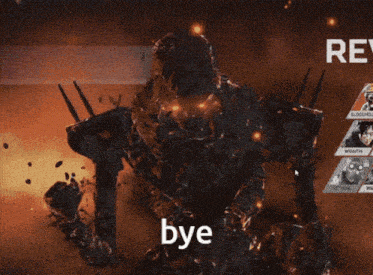 a video game character is on fire and the word bye is on the bottom
