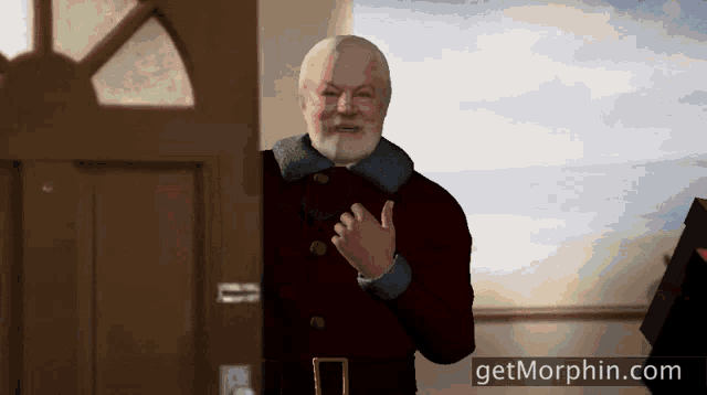 a man in a red coat is standing in front of a door with the website getmorphin.com displayed below him