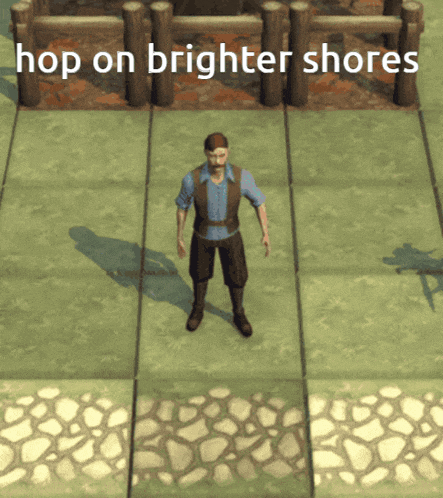 a man is standing in a field with the words hop on brighter shores behind him