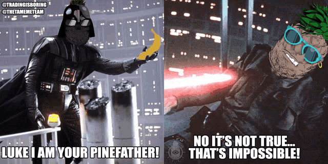 a picture of darth vader holding a banana next to a picture of luke holding a lightsaber
