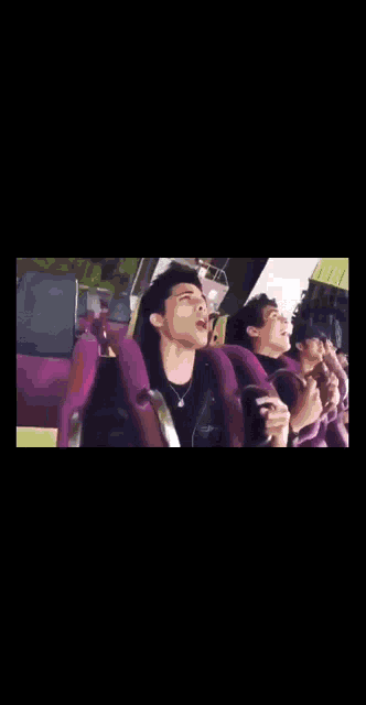 a man is screaming while riding a roller coaster at an amusement park