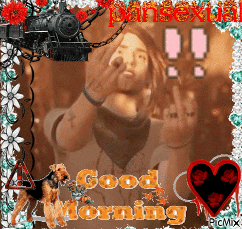 a picture of a man giving the middle finger with the words " good morning " below him