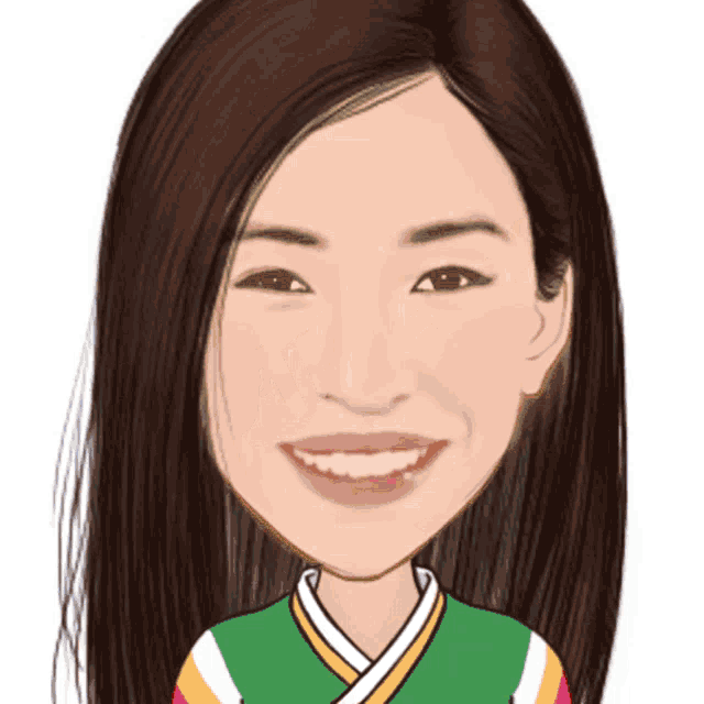 a cartoon drawing of a woman wearing a green and yellow shirt