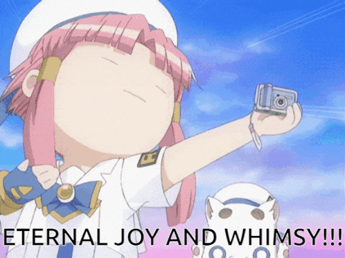 a picture of a girl taking a picture with the words eternal joy and whimsy