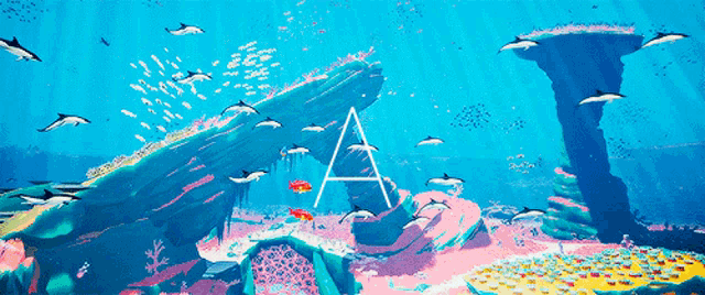 a painting of a coral reef with dolphins and the letter a on the bottom