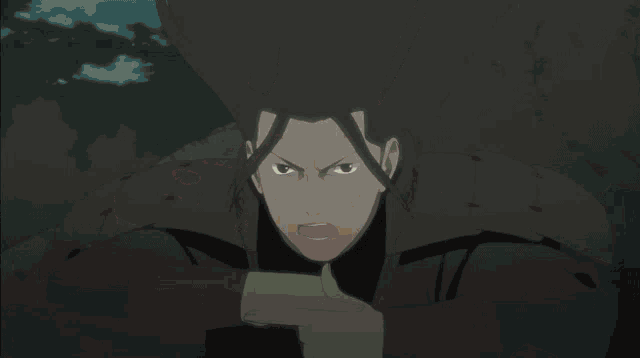 a close up of a person 's face with red eyes and a smile