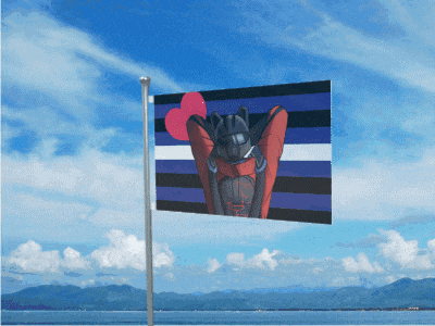a flag with a picture of a bat holding a heart on it
