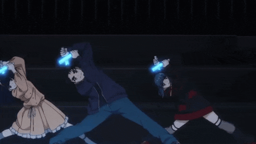 a group of anime characters are standing next to each other in a dark room holding glowing swords .