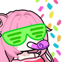 a cartoon girl with pink hair and green sunglasses is sticking her tongue out .