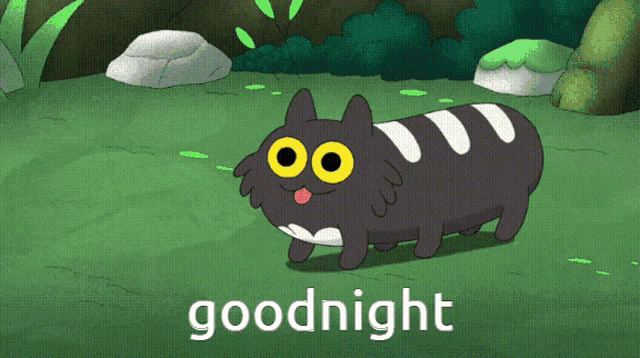 a cartoon cat is walking in the grass with the word goodnight below it