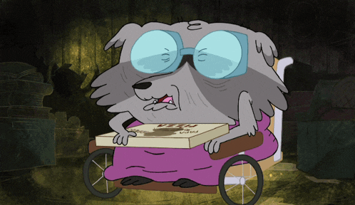 a cartoon dog is sitting in a chair holding a pizza box
