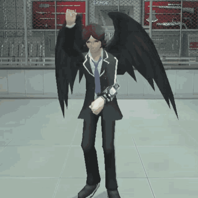 a video game character with black wings has litmus written on the screen