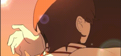 a close up of a person 's face in a cartoon with a blurred background .