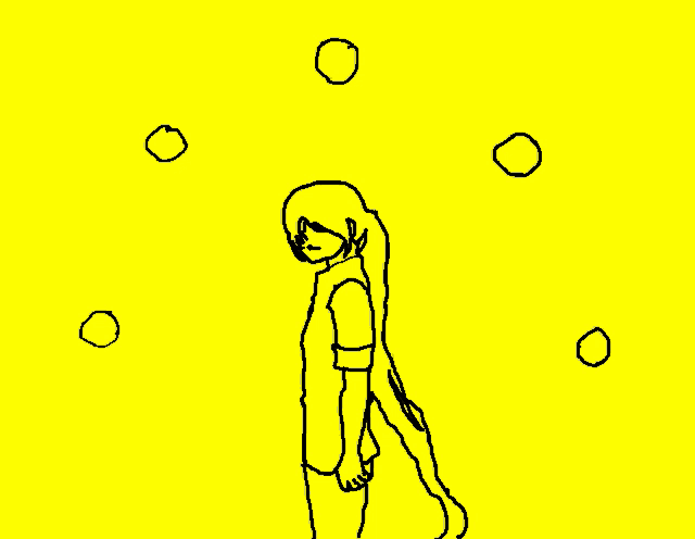 a drawing of a person standing on a yellow background with circles around them