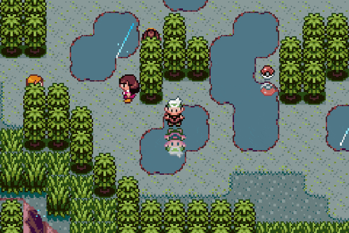 a pixel art scene of a pokemon game with trees and a pond
