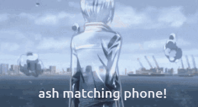 a person is standing in front of a body of water with the words `` ash matching phone '' .
