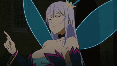 a fairy with purple hair and blue wings is pointing her finger