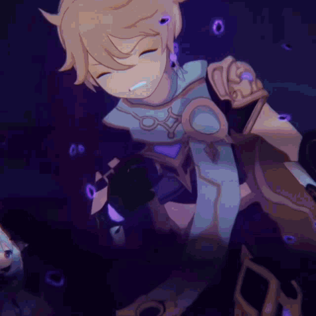 a cartoon character is standing in a dark room with a purple background