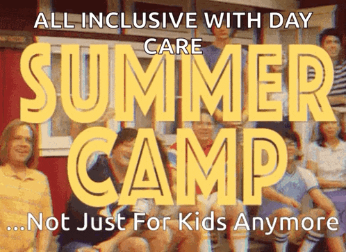 a group of people sitting in front of a sign that says " all inclusive with day care summer camp "